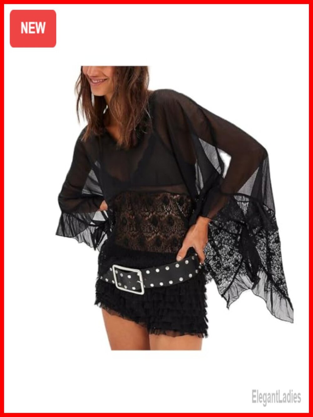 Sheer Mesh Floral Lace Blouse Batwing Sleeve Boho Poncho Top